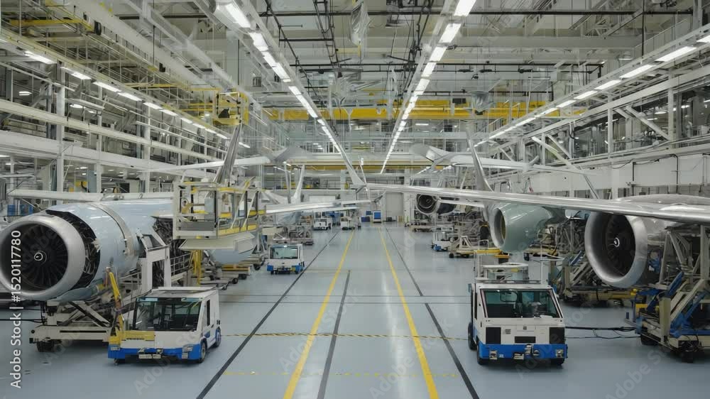 Interior View of Aircraft Manufacturing Plant with Airplanes on Assembly Line and Jet Engines