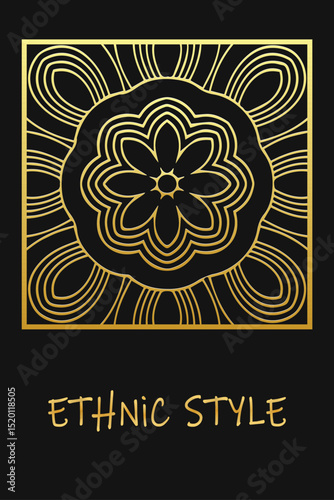 Ethnic black lorem background, cover design. Geometric elegant gold pattern. Template, stencil, stained glass. Tribal ornaments, arabesques, mandala, logo of the East, Asia, India, Mexico, Aztec, Peru