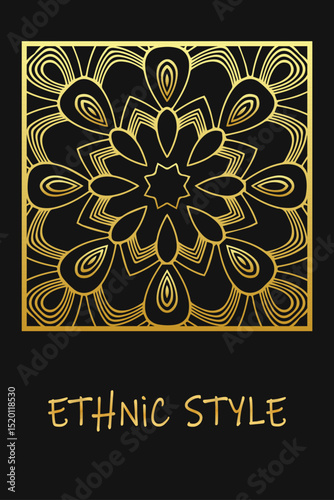 Ethnic black lorem background, cover design. Geometric creative gold pattern. Template, stencil, stained glass. Tribal ornaments, arabesques, mandala, logo of the East, Asia, India, Mexico, Aztec.
