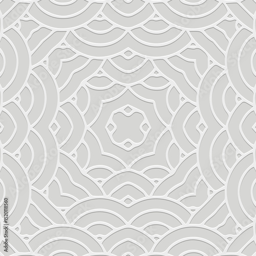 Ethnic white background, cover design, banner, wallpaper. Geometric openwork 3D pattern, art deco. Abstraction. Relief ornaments, arabesques, mandala, fresco of the East, Asia, India, Mexico, Aztec.