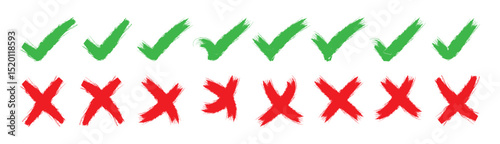 Check marks doodle set. checklist, tick and cross signs, v and x in sketch style. Grunge tick icon collection. Hand drawn check mark and cross mark in correct or wrong symbols set.  Art & Illustration