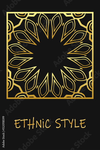 Ethnic black lorem background, cover design. Geometric vintage gold pattern. Template, stencil, stained glass. Tribal ornaments, arabesques, mandala, logo of the East, Asia, India, Mexico, Aztec, Peru