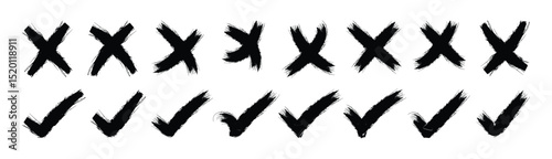 Check marks doodle set. checklist, tick and cross signs, v and x in sketch style. Grunge tick icon collection. Hand drawn check mark and cross mark in correct or wrong symbols set.  Art & Illustration