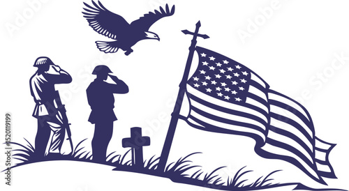 Military tribute with US flag and faith - Silhouette on white background

