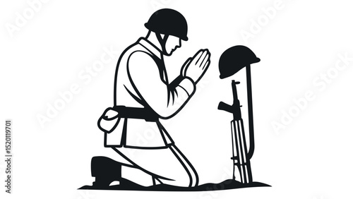 Military tribute with US flag and faith - Silhouette on white background

