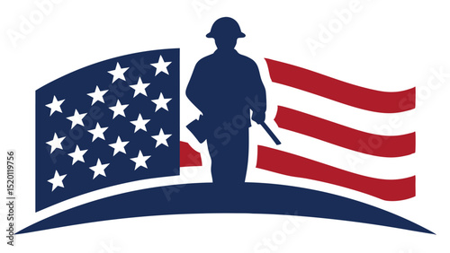 Military tribute with US flag and faith - Silhouette on white background

