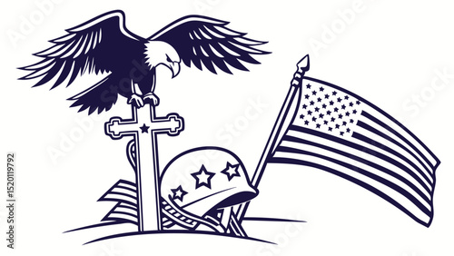 Military tribute with US flag and faith - Silhouette on white background

