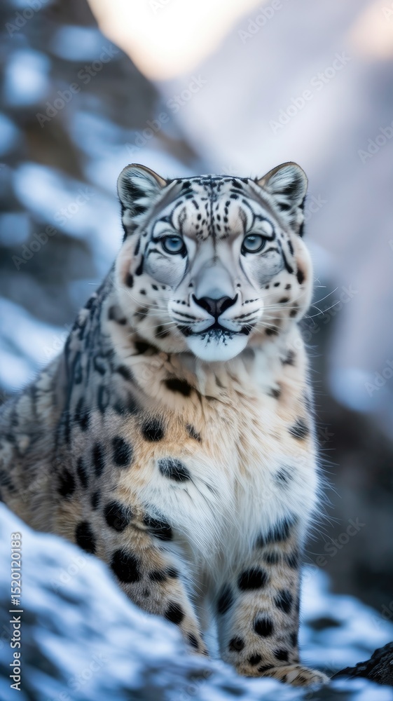 Majestic snow leopard gazing directly at the camera amidst a snowy landscape captivating wildlife portrait Majestic snow leopard gazing directly at the camera amidst a snowy landscape captivating wildlife portrait