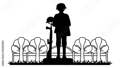 Military tribute with US flag and faith - Silhouette on white background

