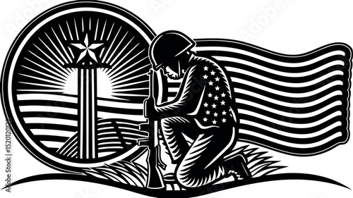 Military tribute with US flag and faith - Silhouette on white background

