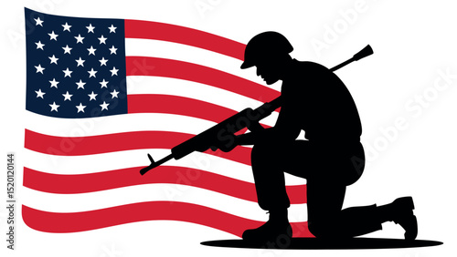 Military tribute with US flag and faith - Silhouette on white background

