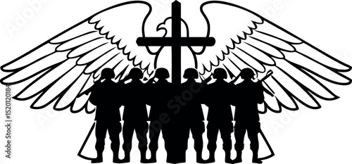 Military tribute with US flag and faith - Silhouette on white background

