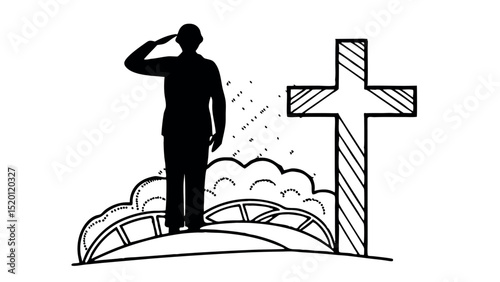 Military tribute with US flag and faith - Silhouette on white background

