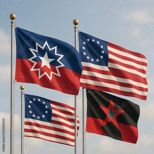 Juneteenth Flag with U.S. Historical Flags - 13-Star, Heritage, and Modern Symbols of American Unity and Freedom Waving Against Blue Sky