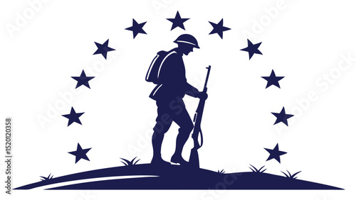 Military tribute with US flag and faith - Silhouette on white background


