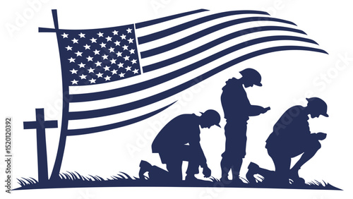 Military tribute with US flag and faith - Silhouette on white background

