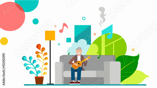 Senior Man Serenade Ukulele Joy Home Concert Bliss Retirement Rhythm Indoor Plants Colorful Art Happiness