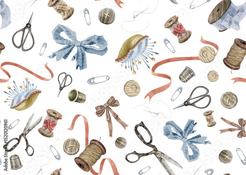 Wallpaper Mural Watercolor seamless pattern in vintage style with images of haberdashery and sewing accessories. For the design of sewing workshops, sewing blog, master classes, haberdashery, stickers, postcards, etc Torontodigital.ca