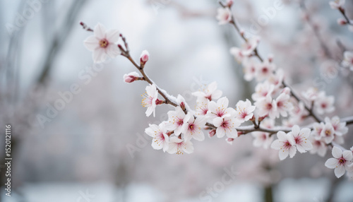 Cherry blossoms in spring frost, delicate mood, blooming amidst snow-covered landscape