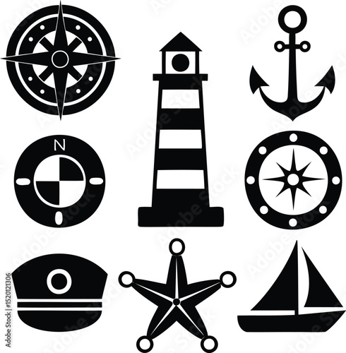 Silhouette vector icon set of nautical and marine items including anchor, compass, boat, lighthouse, starfish, and captain’s hat, ideal for sailing, sea travel, ocean-themed design,