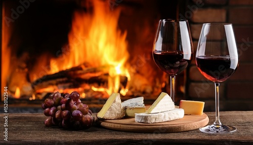 two glasses of wine and a cheese plate, a romantic atmosphere in a hut in the mountains, rose petals in front of the window, winter season, snow outside
