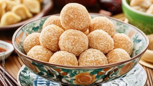 Fried taro balls and dumplings served on decorative porcelain with dim sum variety