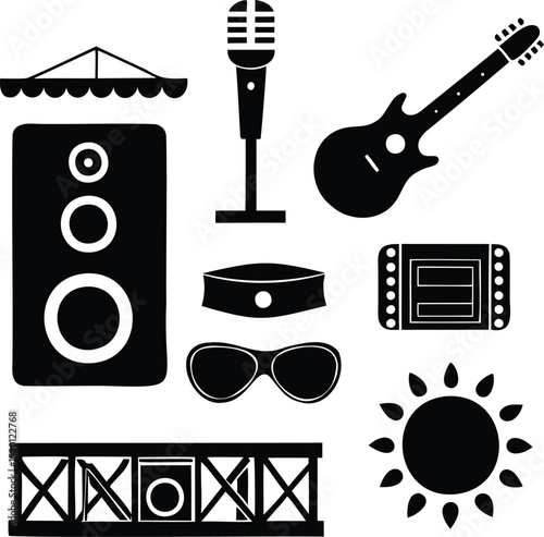 Vector icon set of music festival and concert items including microphone, guitar, sunglasses, stage, speaker, and sun, ideal for band event flyers, summer concert design, and musical celebration visua