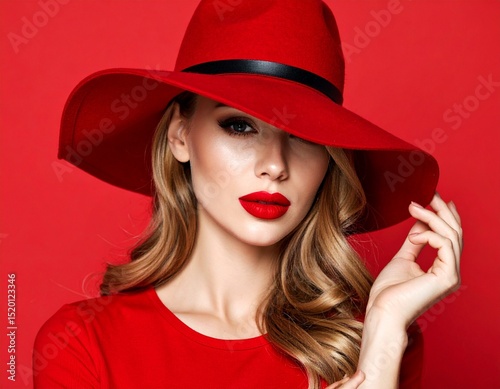 Beautiful Fashion Woman in Red Hat – Red Background and Red Lipstick Style Portrait

