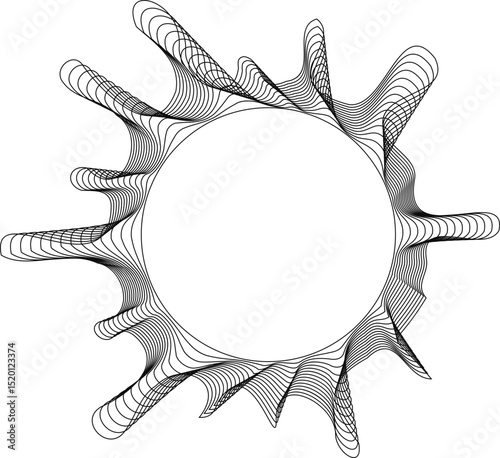 Circular element featuring a hollow center surrounded by dynamic radial rays shaped like fluid droplets.