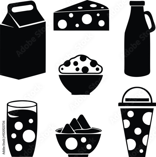 Silhouette icon set of dairy and beverage items including cheese, milk, drinks, bowls, and glass, ideal for nutrition education, healthy eating visuals, breakfast concepts, or packaging illustrations
