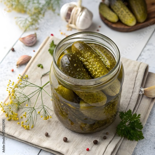 Jar of pickled cucumbers with dill garlic PNG image on a transparent background