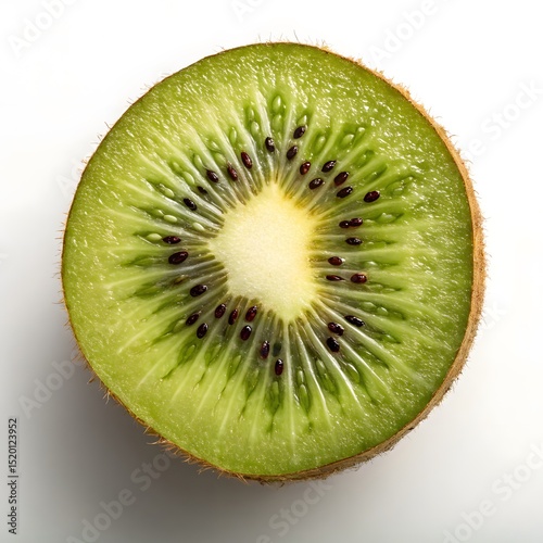 A vibrant, photorealistic cross-section of a kiwi fruit reveals its bright green flesh, white core, and tiny black seeds, perfectly isolated on a clean white background. This close-up highlights the i