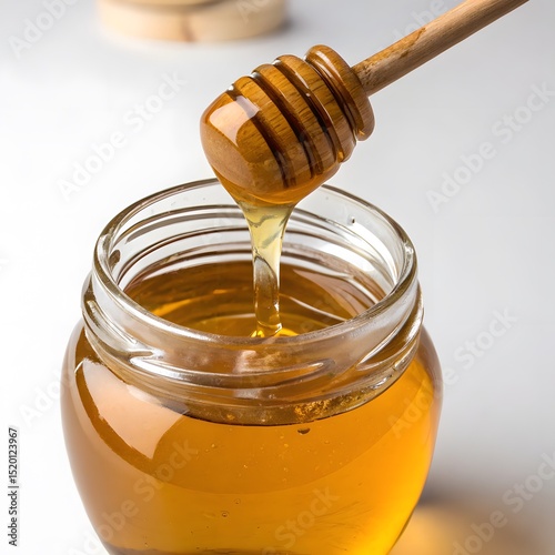 Honey dripping from dipper into glass jar on a transparent background PNG image