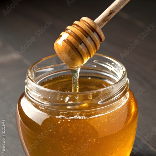 Golden honey slowly drips from a wooden honey dipper into a clear glass jar filled with the sweet, viscous liquid. The scene is set against a dark wooden surface, highlighting the warm tones of the ho