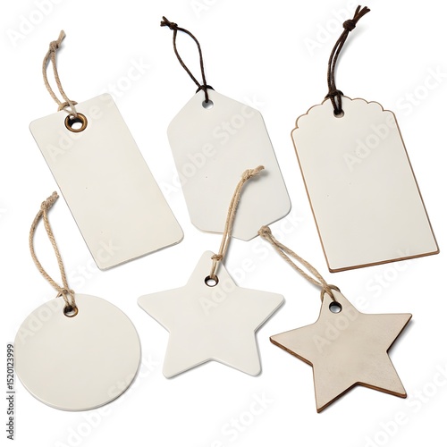 Set of various blank white tags with strings on a transparent background PNG image