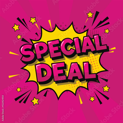 bold pop art special deal vector with comic stars and halftone dots on vibrant magenta