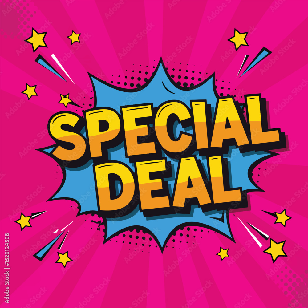 Obraz premium bold pop art special deal vector with comic stars and halftone dots on vibrant magenta