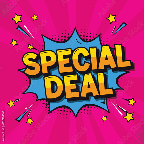 bold pop art special deal vector with comic stars and halftone dots on vibrant magenta