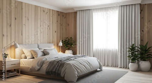 Elegant bedroom interior featuring wooden panel walls and a large window with white curtains. Soft light illuminates the bed and decorative plants enhancing the cozy atmosphere