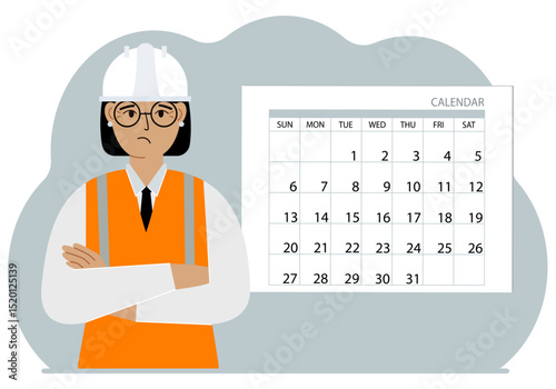 Female builder in uniform next to calendar. Vector flag illustration