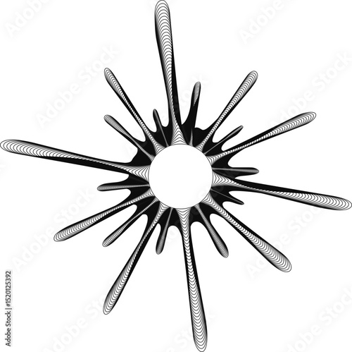 Light radial figure with very fine linear rays creating a soft splatter appearance around a hollow center.