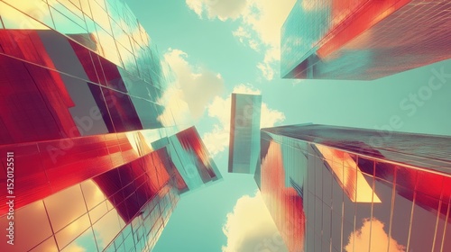Futuristic view of Lujiazui financial district with mirrored skyscrapers and cloudy sky reflections