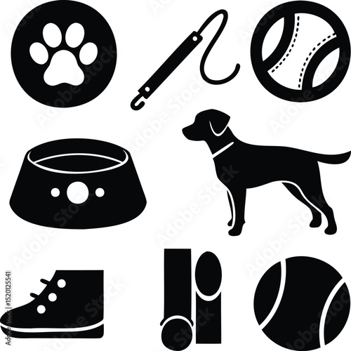 Silhouette vector icon set of dog gear including bowl, collar, leash, ball, training stick, paw print, shoe, and standing dog, ideal for canine care branding, pet services, and dog walking illustratio