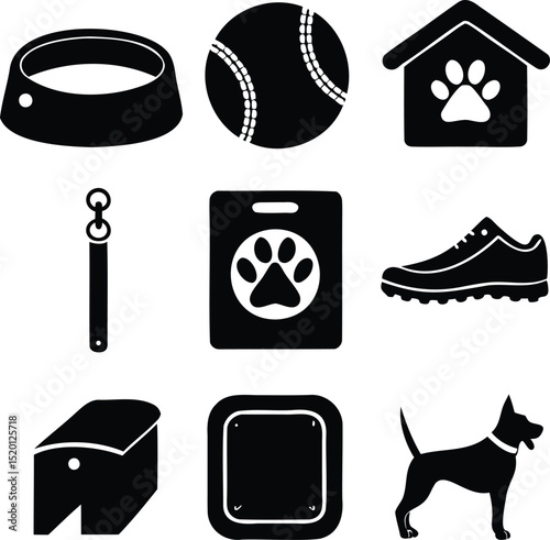 Vector icon set of dog accessories including bowl, leash, doghouse, paw print, collar, and running shoe, ideal for pet care branding, dog training materials, and canine-themed graphic illustrations