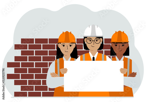 Construction team holding a white sheet of paper for text. Brickwork next to him. Vector flat illustration