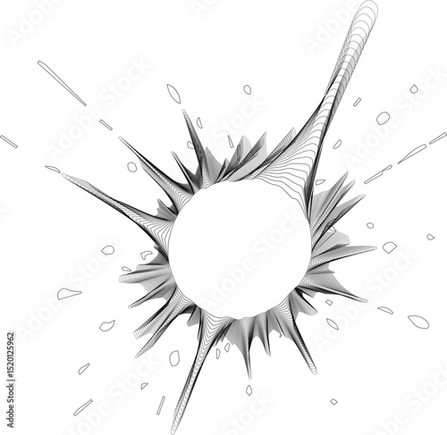 Monochrome graphic with a central hollow and outward grainy rays forming a scattered spot layout.