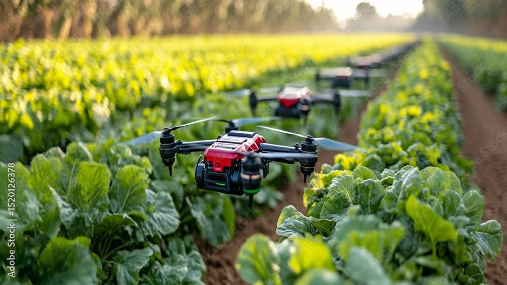 Agricultural drones in a field of leafy greens