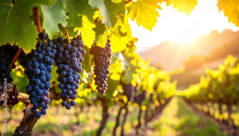 Fototapeta premium Purple grapes ripening on vineyard vine, sunlight casting golden glow across lush growing clusters