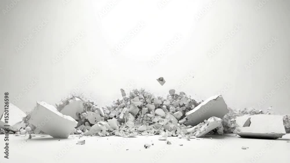 Dynamic explosion of white debris against a minimalistic background, showcasing motion and impact