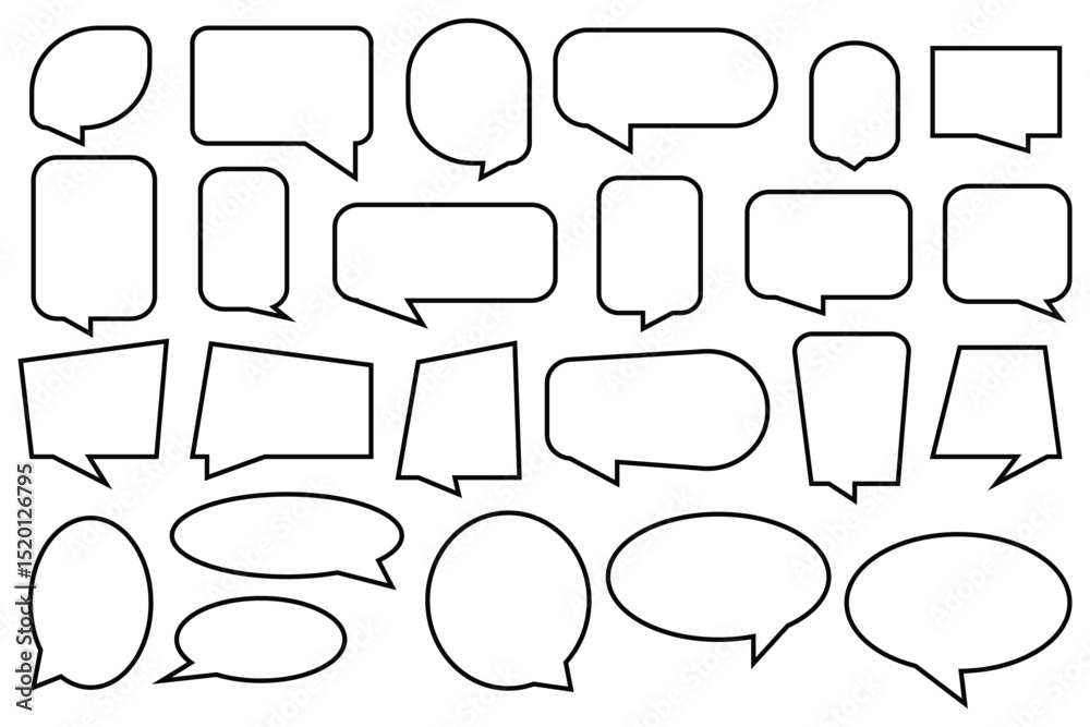 Obraz premium Set of hand drawn chat balloon, comic speech bubble icon, dialogue frame, message idea, quote, or cloud information sticker, Includes various unique speech bubble shapes and expressive speech bubbles